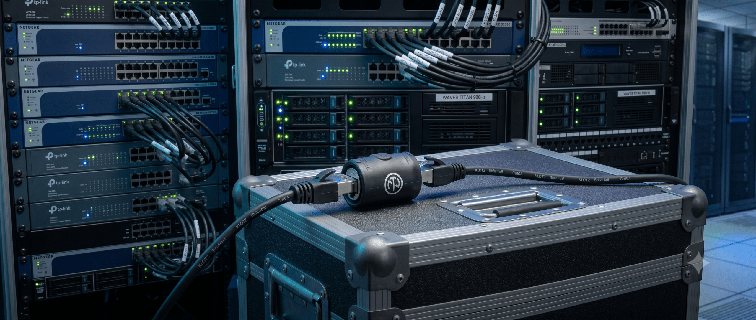Conector Neutrik NE8FFX6-W aplicado en un rack de touring