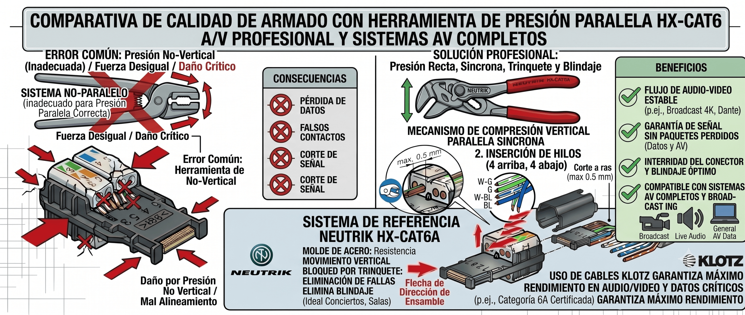 Conector etherCON Cat6A ensamblado con la herramienta Neutrik HX-CAT6A